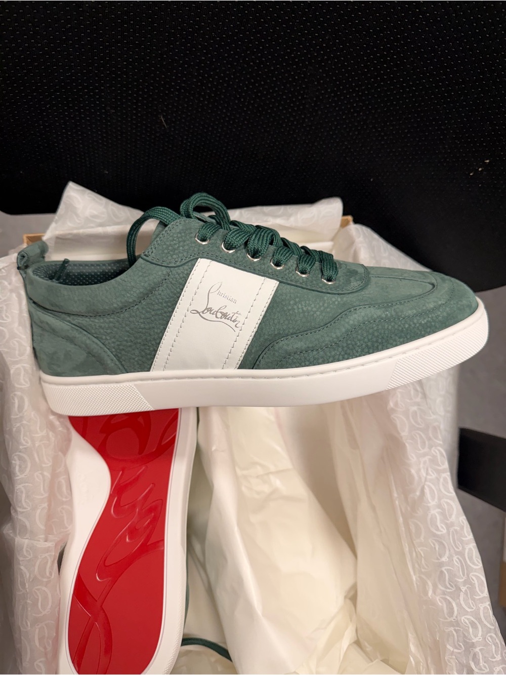 Christian Louboutin Men’s Green Suede Low-Top Sneakers with White Accent